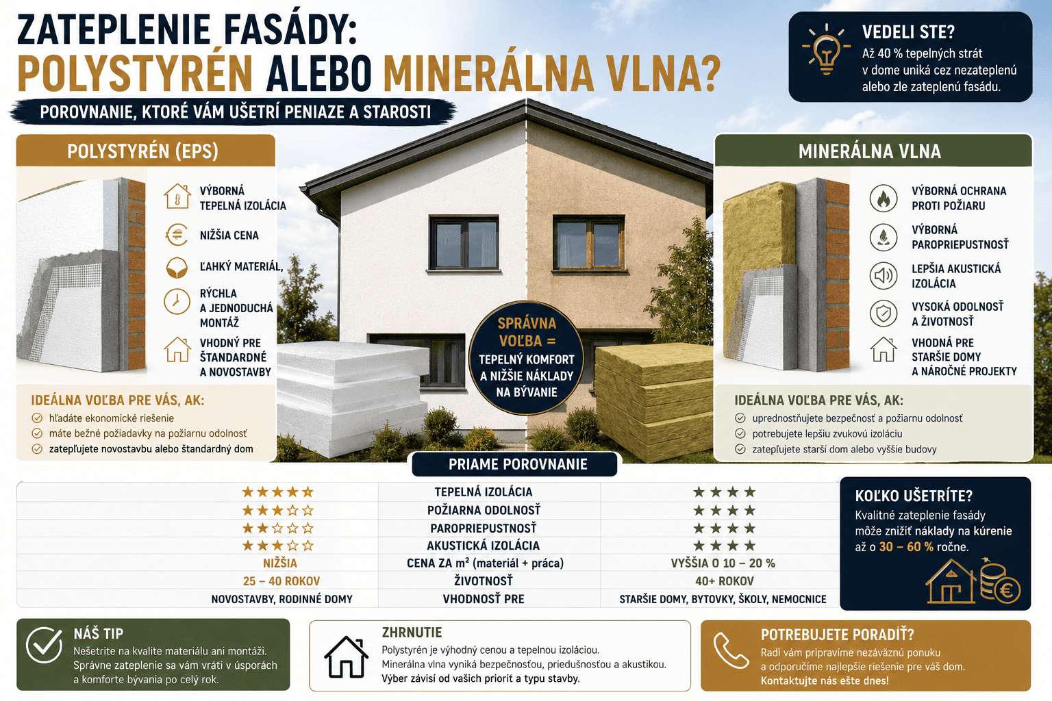 Zateplenie fasády: Polystyrén alebo minerálna vlna? Porovnanie